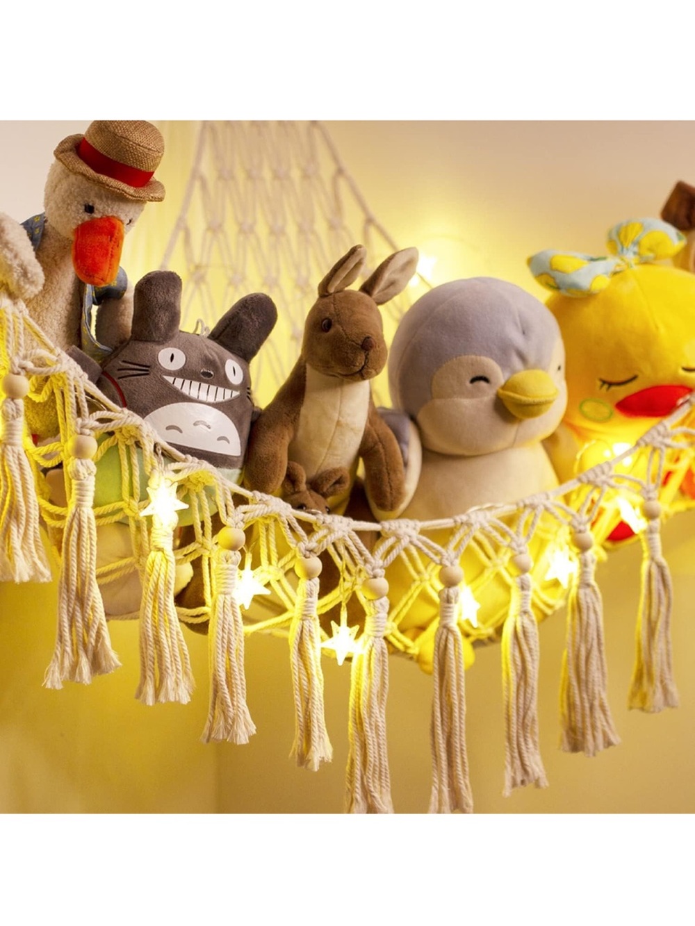 Kids Cream Macramé Hammock Shelf with Star String Lights - Cream set of 2